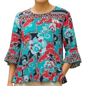 Crown & Ivy Colorful Abstract Ruffle Blouse Women's Size XS